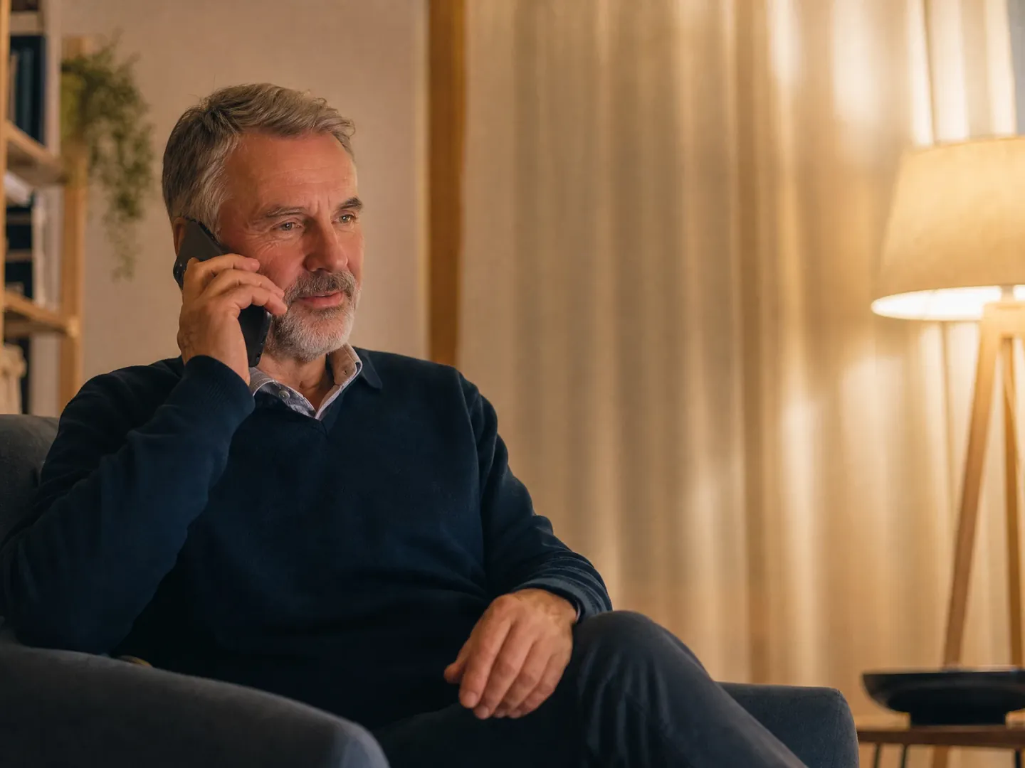 Mężczyzna rozmawiający spokojnie przez telefon w domu